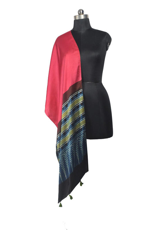 Ajrakh Modal Silk Part Natural Dye Half Plain Dyeing Hand Block Print Stole With Tassels - 2.1 Mtr Length    -  SKU : AI2690BE