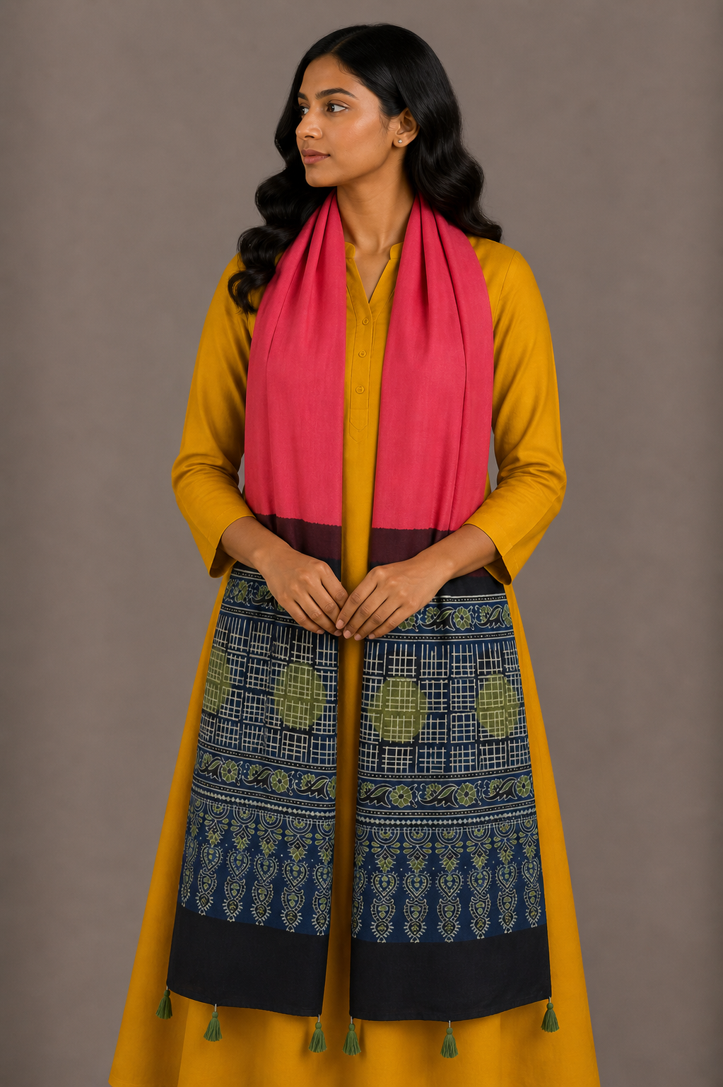 Ajrakh Modal Silk Part Natural Dye Half Plain Dyeing Hand Block Print Stole With Tassels - 2.1 Mtr Length    -  SKU : AI2690BI