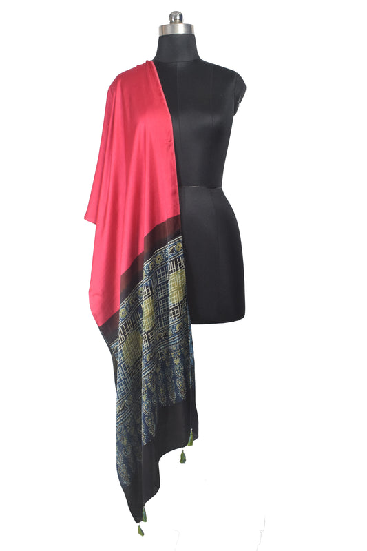 Ajrakh Modal Silk Part Natural Dye Half Plain Dyeing Hand Block Print Stole With Tassels - 2.1 Mtr Length    -  SKU : AI2690BI