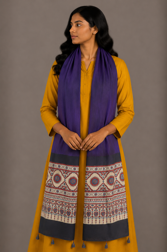 Ajrakh Modal Silk Part Natural Dye Half Plain Dyeing Hand Block Print Stole With Tassels - 2.1 Mtr Length    -  SKU : AI26902J