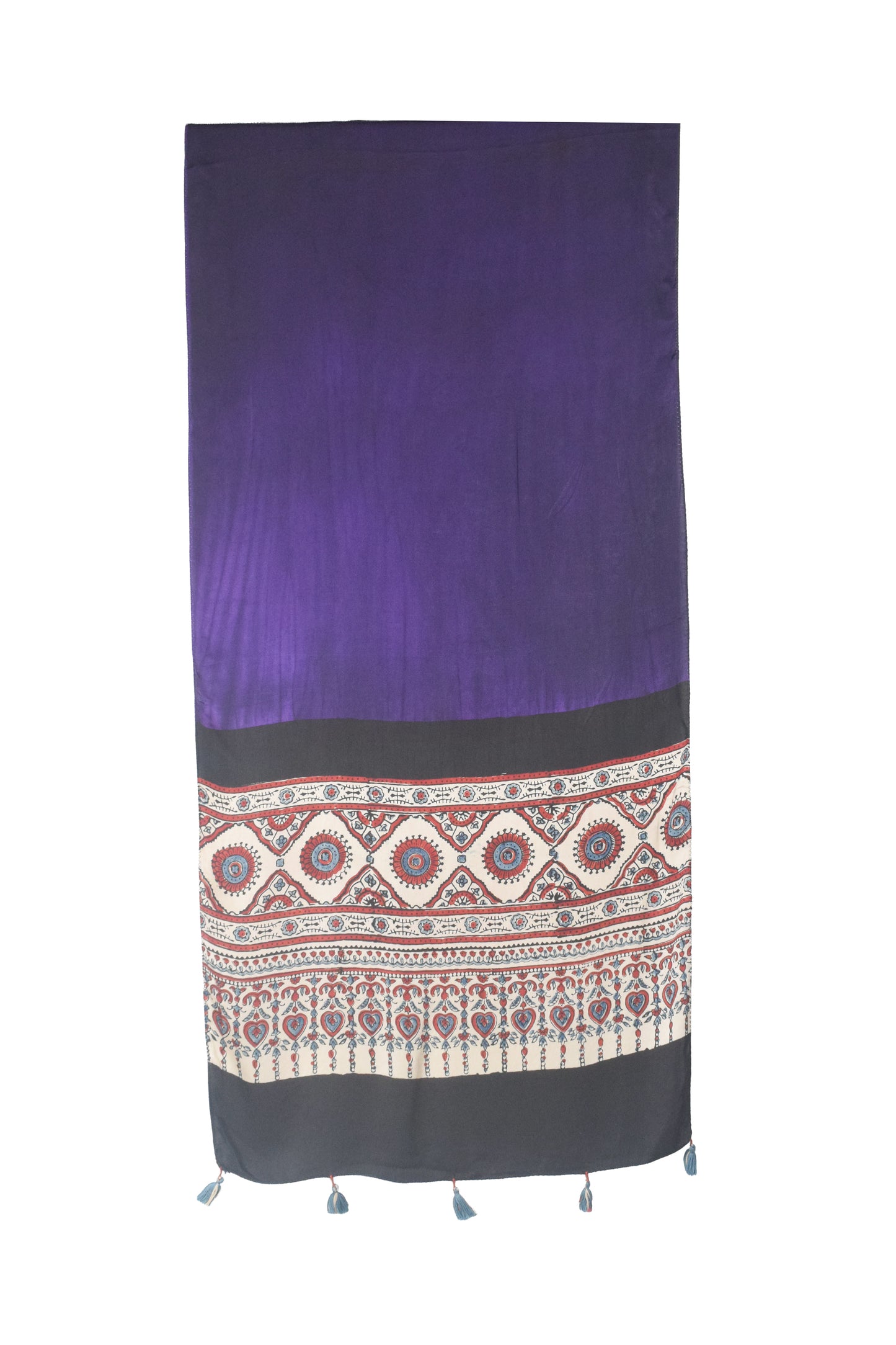 Ajrakh Modal Silk Part Natural Dye Half Plain Dyeing Hand Block Print Stole With Tassels - 2.1 Mtr Length    -  SKU : AI26902J