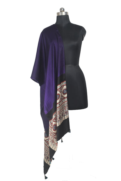 Ajrakh Modal Silk Part Natural Dye Half Plain Dyeing Hand Block Print Stole With Tassels - 2.1 Mtr Length    -  SKU : AI26902J
