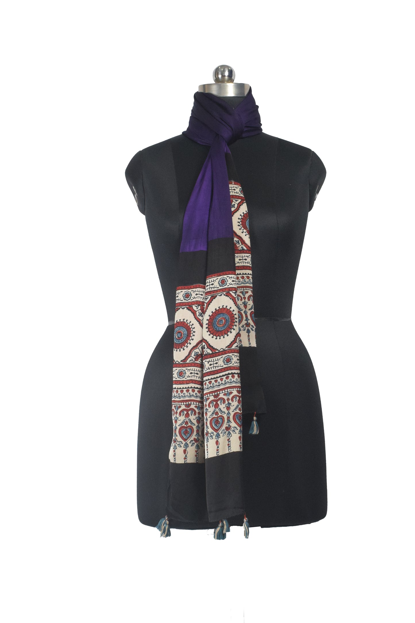 Ajrakh Modal Silk Part Natural Dye Half Plain Dyeing Hand Block Print Stole With Tassels - 2.1 Mtr Length    -  SKU : AI26902J