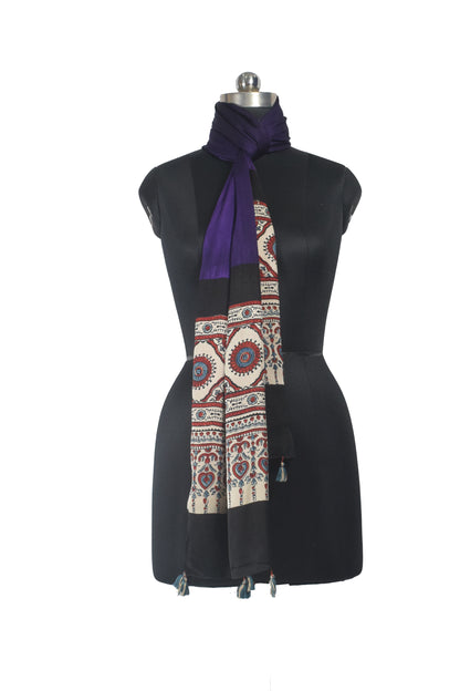 Ajrakh Modal Silk Part Natural Dye Half Plain Dyeing Hand Block Print Stole With Tassels - 2.1 Mtr Length    -  SKU : AI26902J
