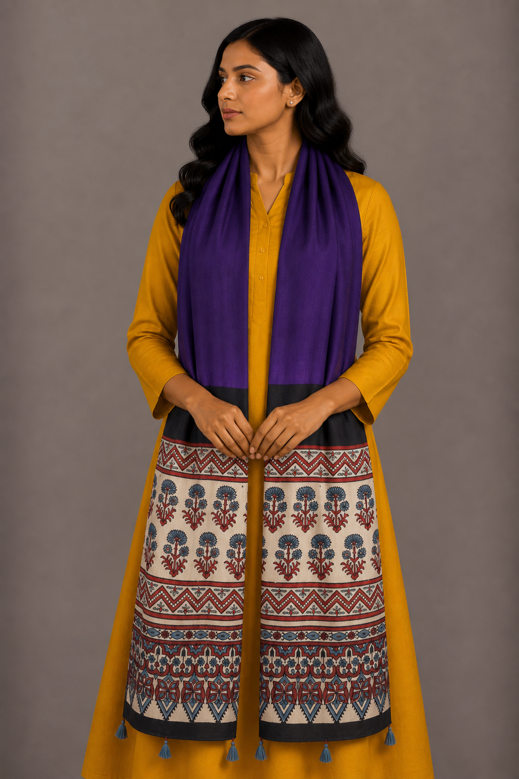 Ajrakh Modal Silk Part Natural Dye Half Plain Dyeing Hand Block Print Stole With Tassels - 2.1 Mtr Length    -  SKU : AI26902K