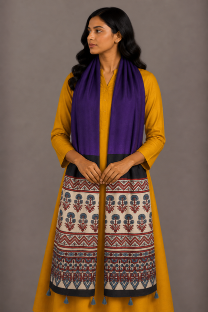 Ajrakh Modal Silk Part Natural Dye Half Plain Dyeing Hand Block Print Stole With Tassels - 2.1 Mtr Length    -  SKU : AI26902K