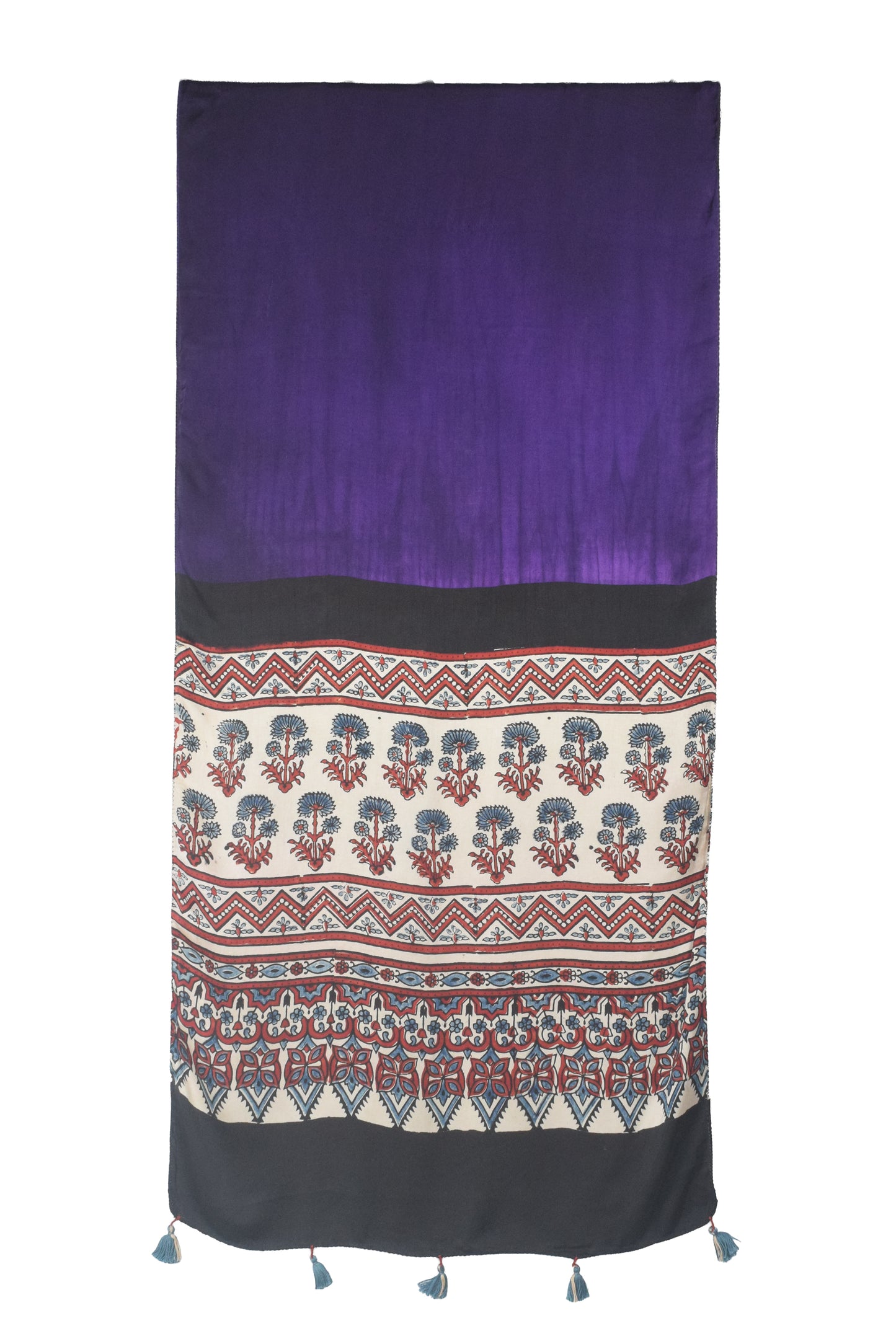 Ajrakh Modal Silk Part Natural Dye Half Plain Dyeing Hand Block Print Stole With Tassels - 2.1 Mtr Length    -  SKU : AI26902K