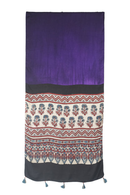 Ajrakh Modal Silk Part Natural Dye Half Plain Dyeing Hand Block Print Stole With Tassels - 2.1 Mtr Length    -  SKU : AI26902K
