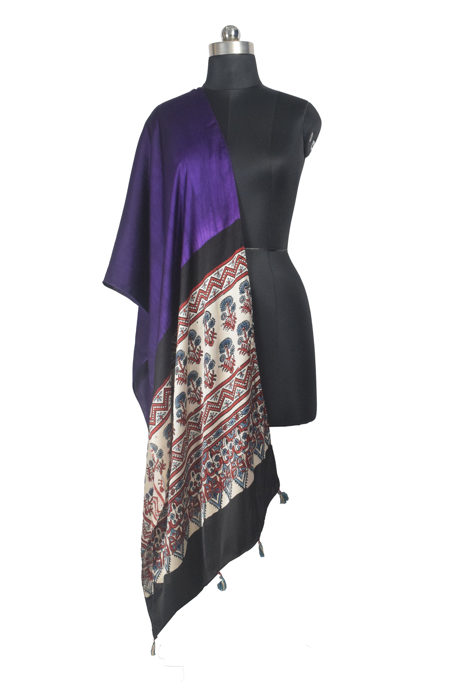 Ajrakh Modal Silk Part Natural Dye Half Plain Dyeing Hand Block Print Stole With Tassels - 2.1 Mtr Length    -  SKU : AI26902K