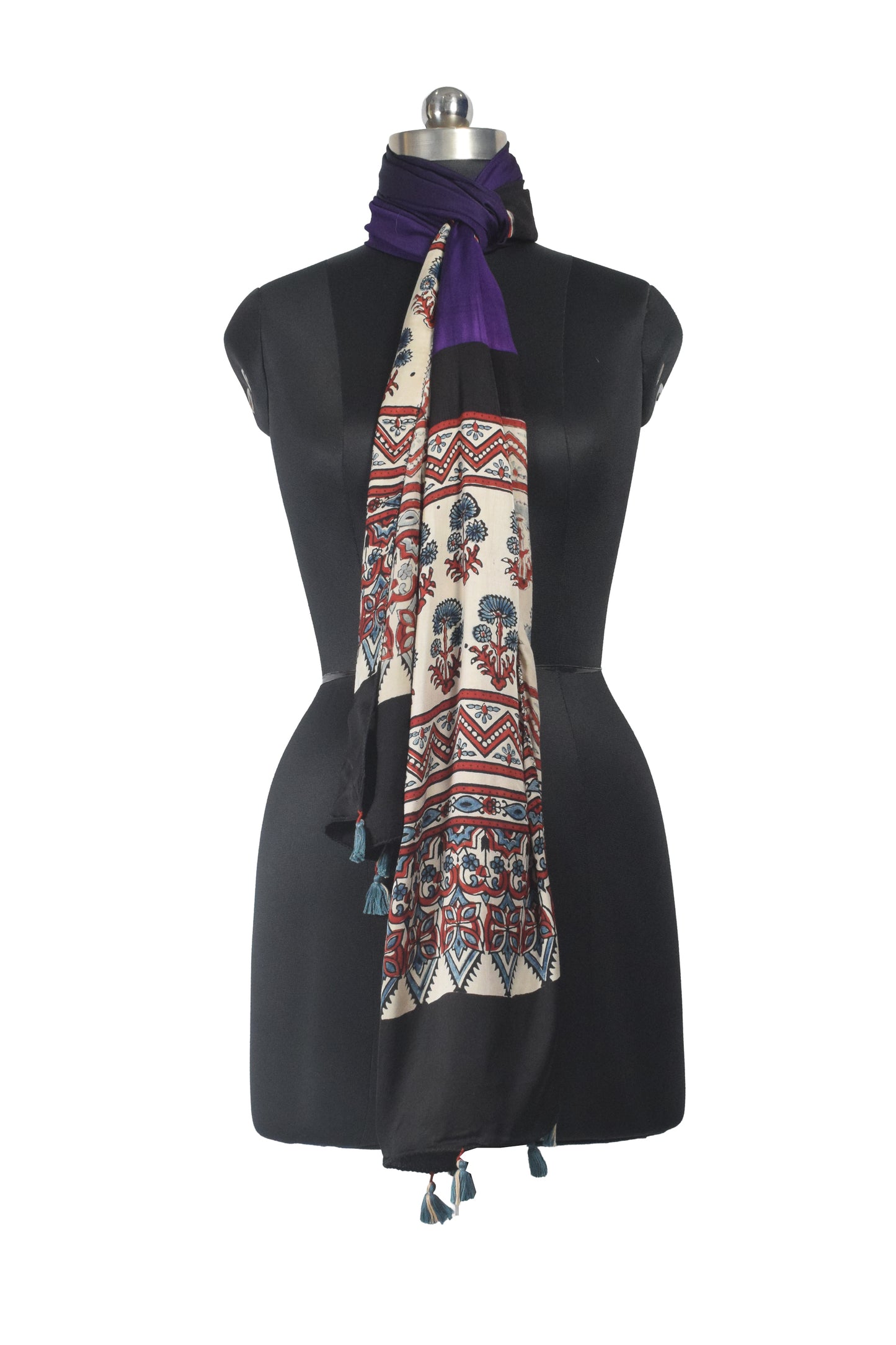 Ajrakh Modal Silk Part Natural Dye Half Plain Dyeing Hand Block Print Stole With Tassels - 2.1 Mtr Length    -  SKU : AI26902K