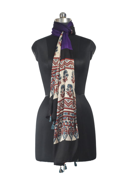 Ajrakh Modal Silk Part Natural Dye Half Plain Dyeing Hand Block Print Stole With Tassels - 2.1 Mtr Length    -  SKU : AI26902K