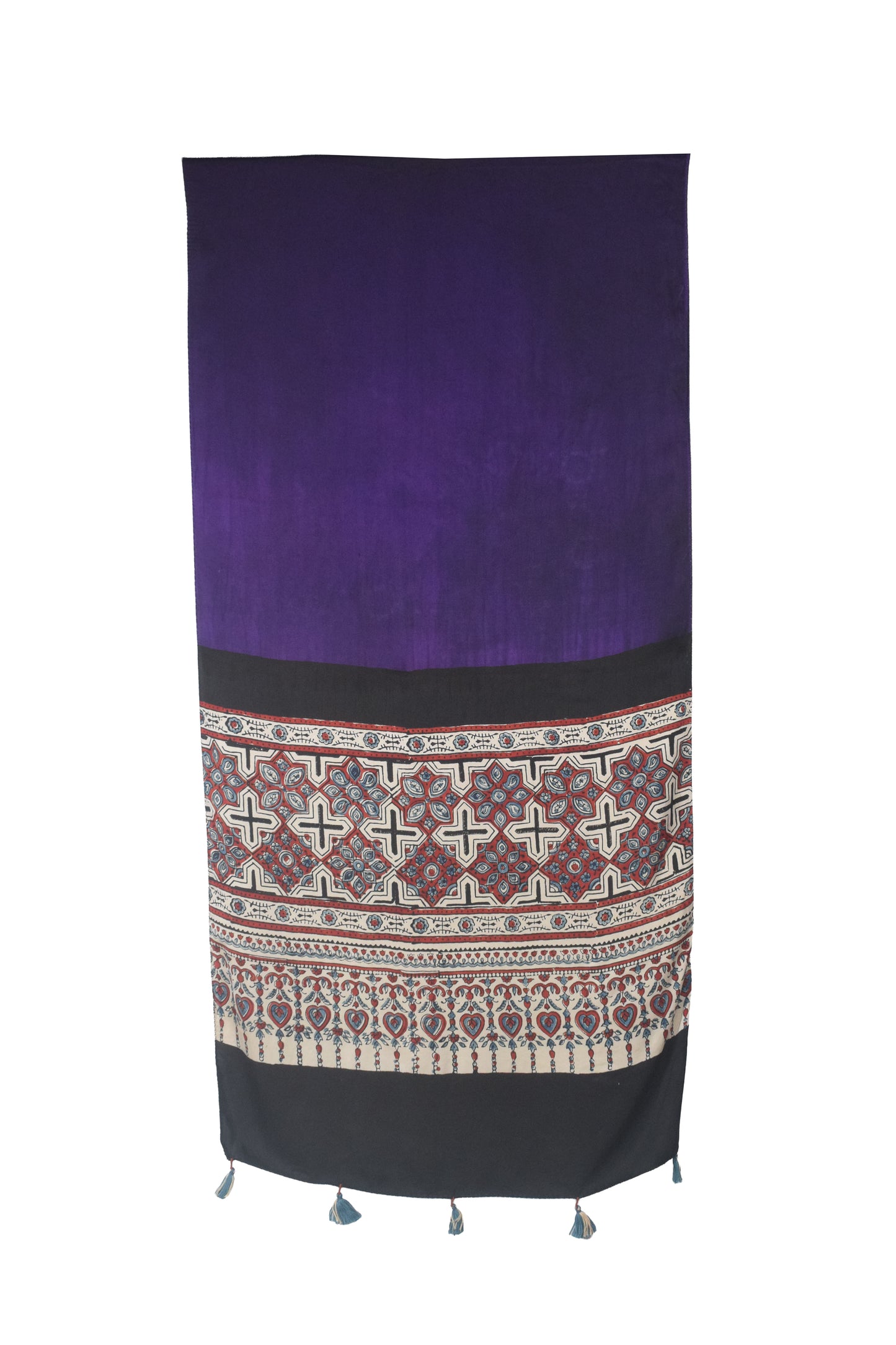 Ajrakh Modal Silk Part Natural Dye Half Plain Dyeing Hand Block Print Stole With Tassels - 2.1 Mtr Length    -  SKU : AI26902L