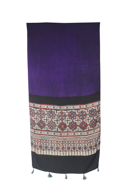 Ajrakh Modal Silk Part Natural Dye Half Plain Dyeing Hand Block Print Stole With Tassels - 2.1 Mtr Length    -  SKU : AI26902L