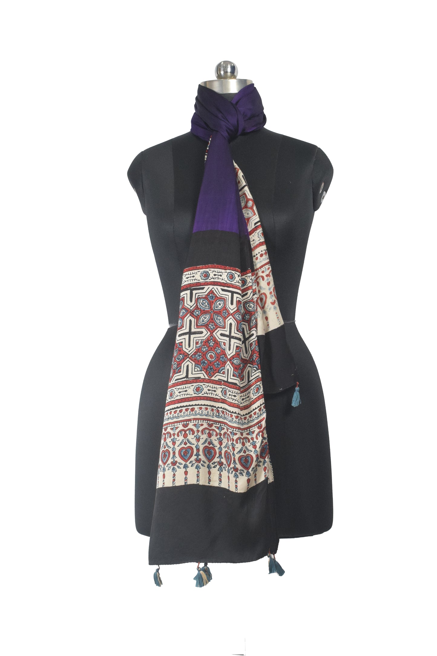 Ajrakh Modal Silk Part Natural Dye Half Plain Dyeing Hand Block Print Stole With Tassels - 2.1 Mtr Length    -  SKU : AI26902L