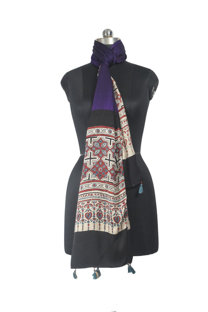 Ajrakh Modal Silk Part Natural Dye Half Plain Dyeing Hand Block Print Stole With Tassels - 2.1 Mtr Length    -  SKU : AI26902L