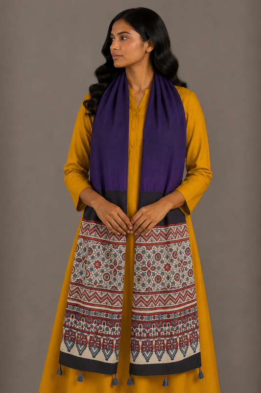 Ajrakh Modal Silk Part Natural Dye Half Plain Dyeing Hand Block Print Stole With Tassels - 2.1 Mtr Length    -  SKU : AI26902M