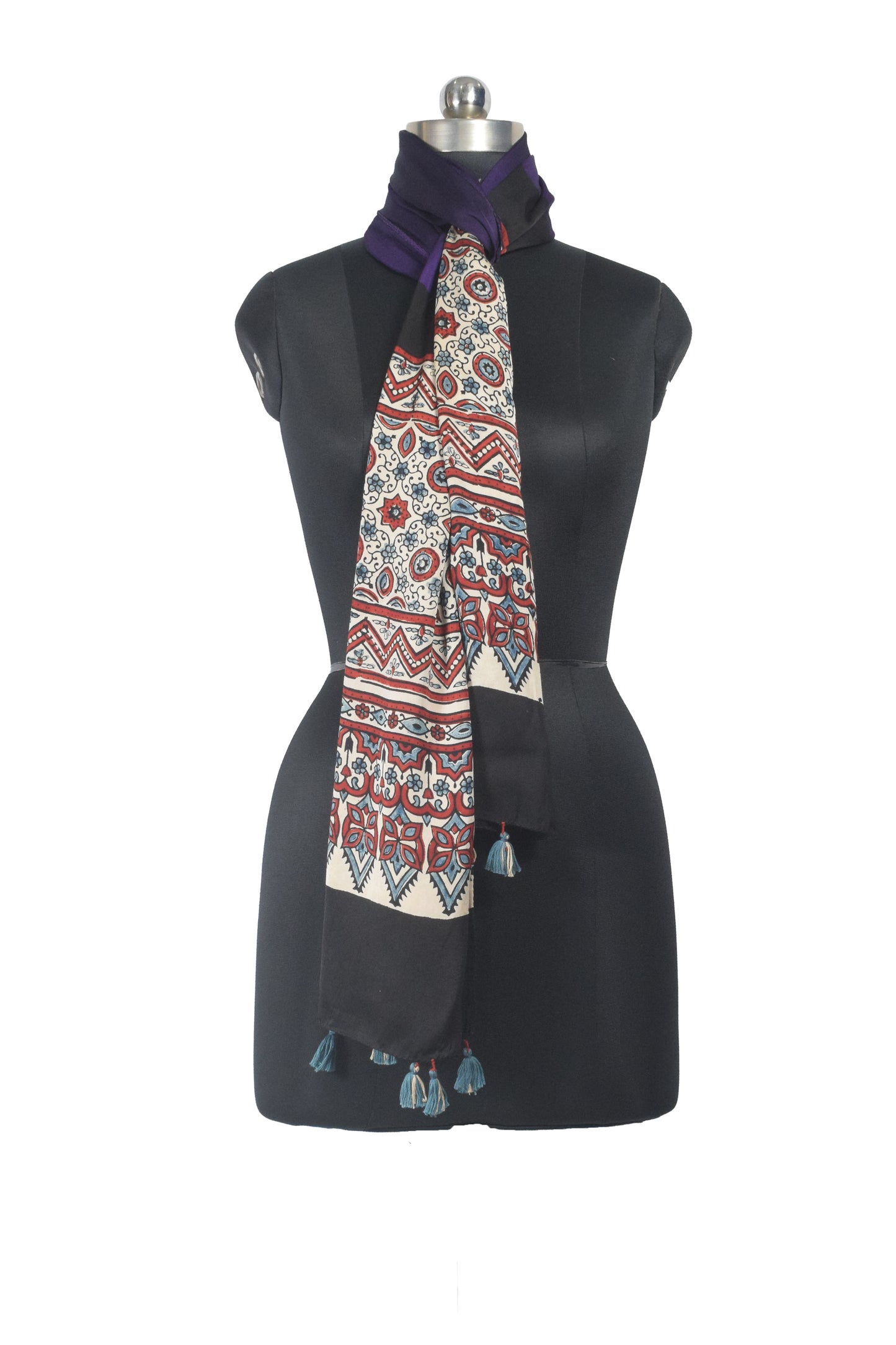 Ajrakh Modal Silk Part Natural Dye Half Plain Dyeing Hand Block Print Stole With Tassels - 2.1 Mtr Length    -  SKU : AI26902M