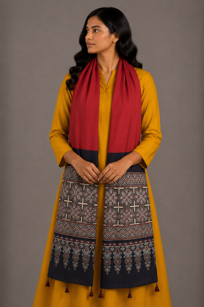 Ajrakh Modal Silk Part Natural Dye Half Plain Dyeing Hand Block Print Stole With Tassels - 2.1 Mtr Length    -  SKU : AI26902X