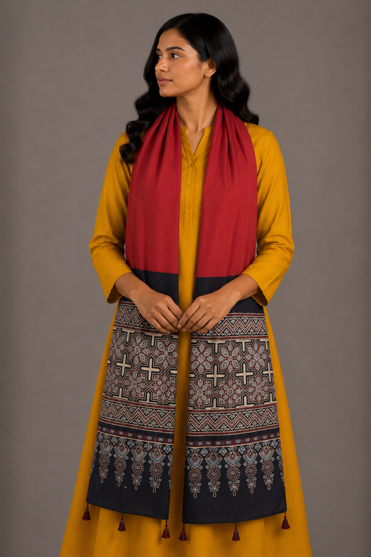 Ajrakh Modal Silk Part Natural Dye Half Plain Dyeing Hand Block Print Stole With Tassels - 2.1 Mtr Length    -  SKU : AI26902X