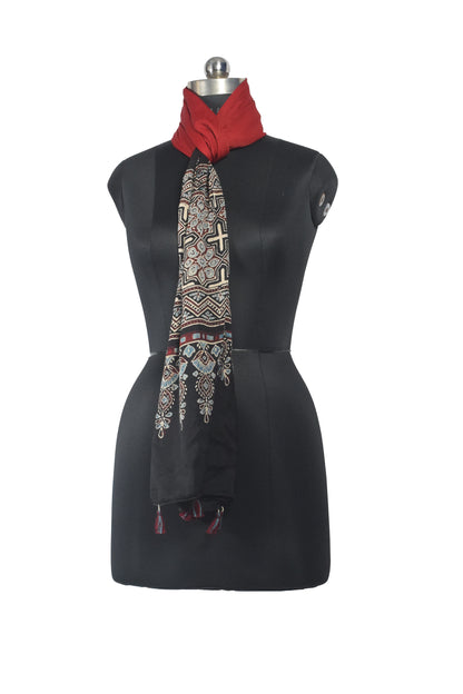 Ajrakh Modal Silk Part Natural Dye Half Plain Dyeing Hand Block Print Stole With Tassels - 2.1 Mtr Length    -  SKU : AI26902X