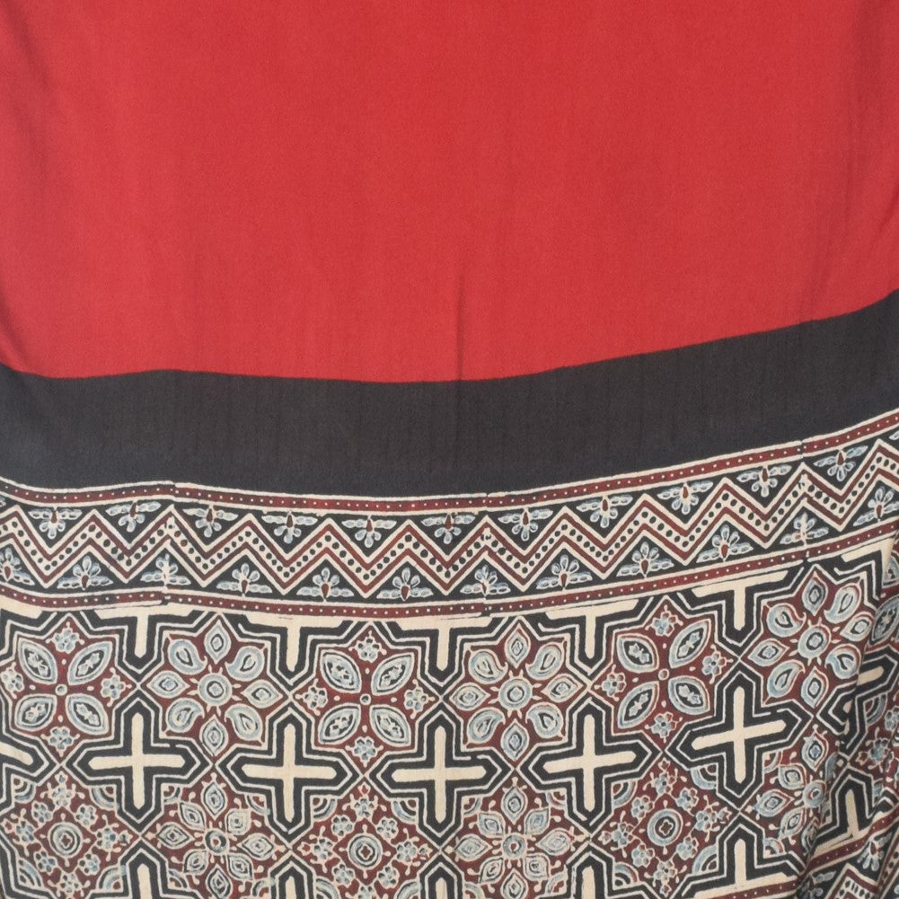 Ajrakh Modal Silk Part Natural Dye Half Plain Dyeing Hand Block Print Stole With Tassels - 2.1 Mtr Length    -  SKU : AI26902X