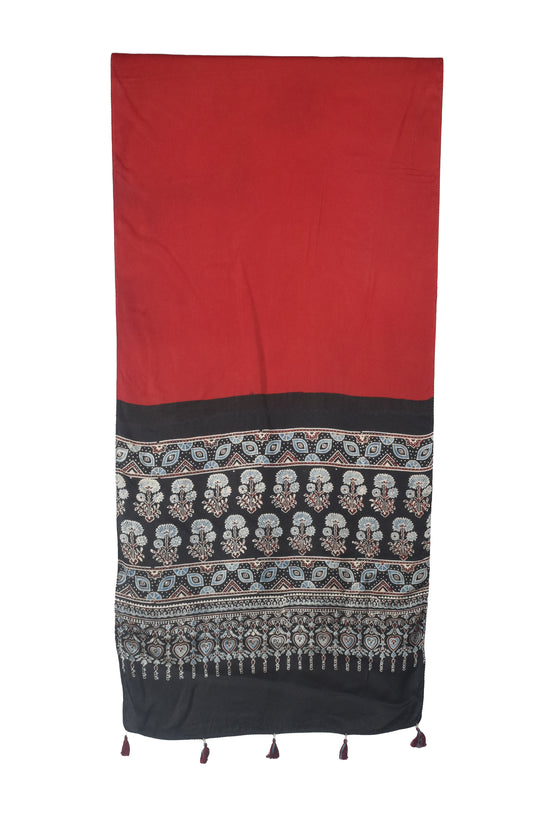 Ajrakh Modal Silk Part Natural Dye Half Plain Dyeing Hand Block Print Stole With Tassels - 2.1 Mtr Length    -  SKU : AI26902Y