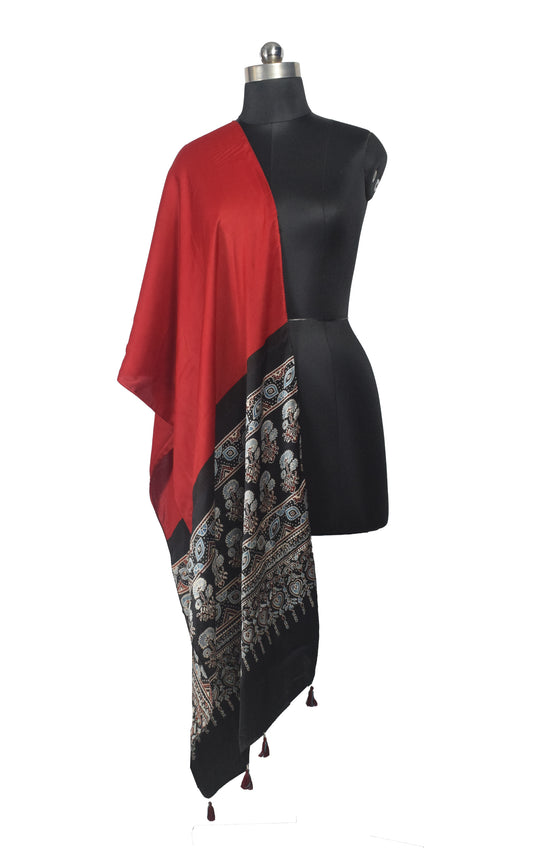 Ajrakh Modal Silk Part Natural Dye Half Plain Dyeing Hand Block Print Stole With Tassels - 2.1 Mtr Length    -  SKU : AI26902Y