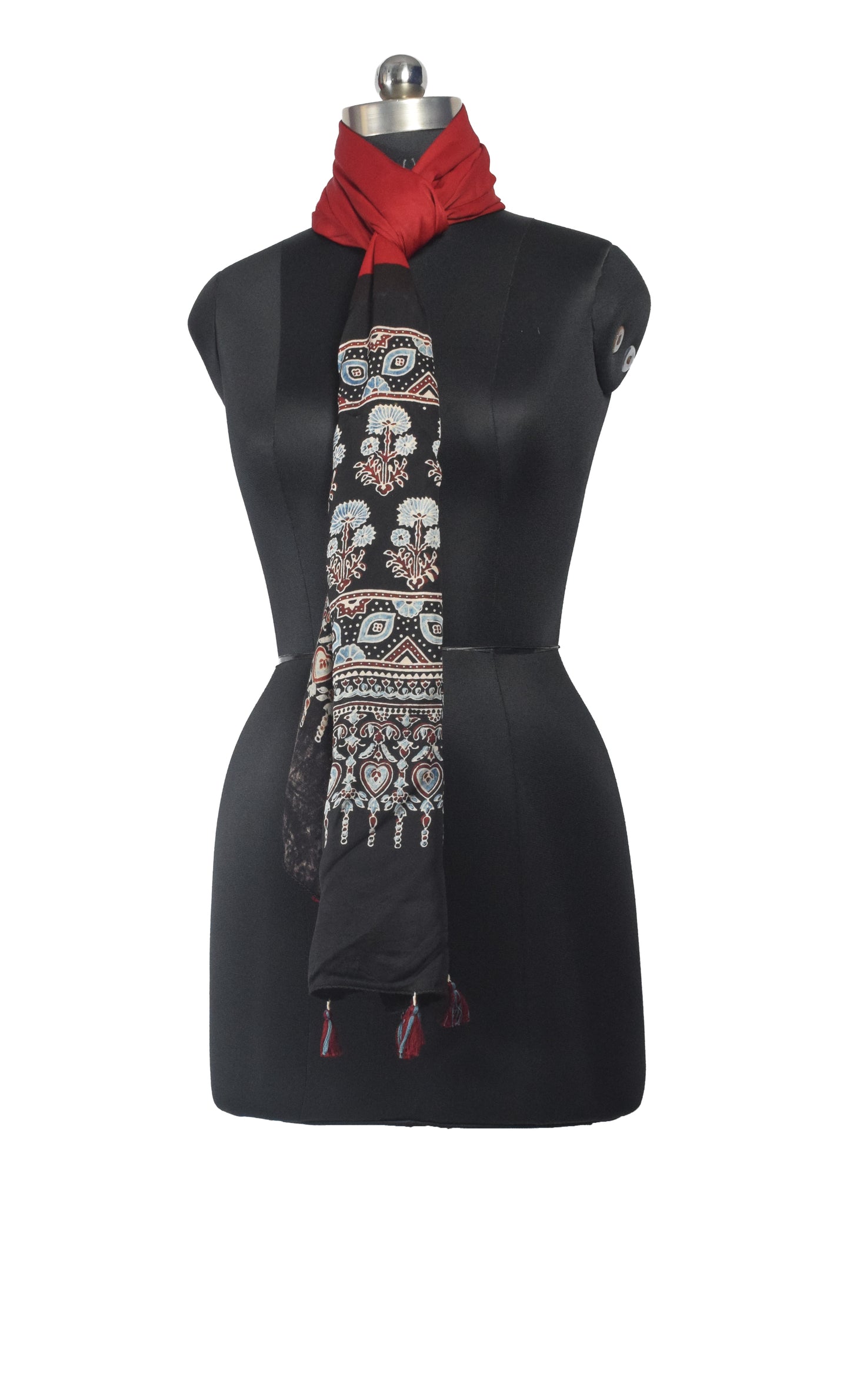 Ajrakh Modal Silk Part Natural Dye Half Plain Dyeing Hand Block Print Stole With Tassels - 2.1 Mtr Length    -  SKU : AI26902Y