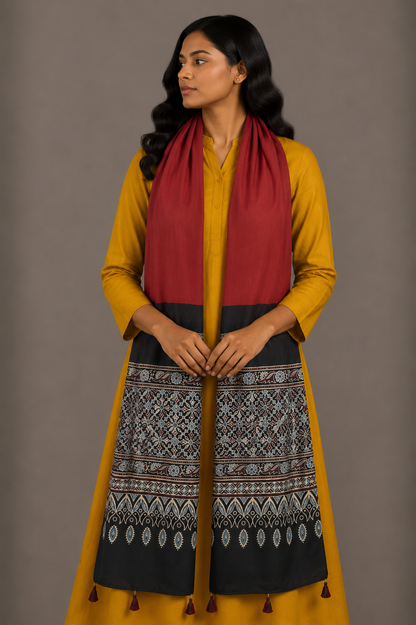 Ajrakh Modal Silk Part Natural Dye Half Plain Dyeing Hand Block Print Stole With Tassels - 2.1 Mtr Length    -  SKU : AI26902Z