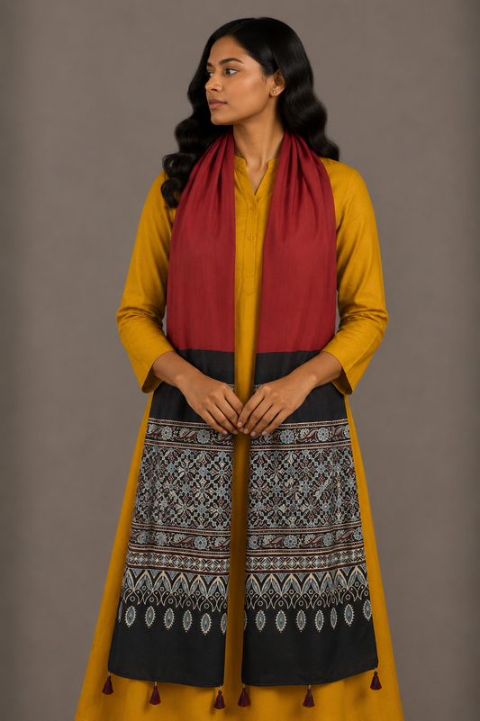 Ajrakh Modal Silk Part Natural Dye Half Plain Dyeing Hand Block Print Stole With Tassels - 2.1 Mtr Length    -  SKU : AI26902Z