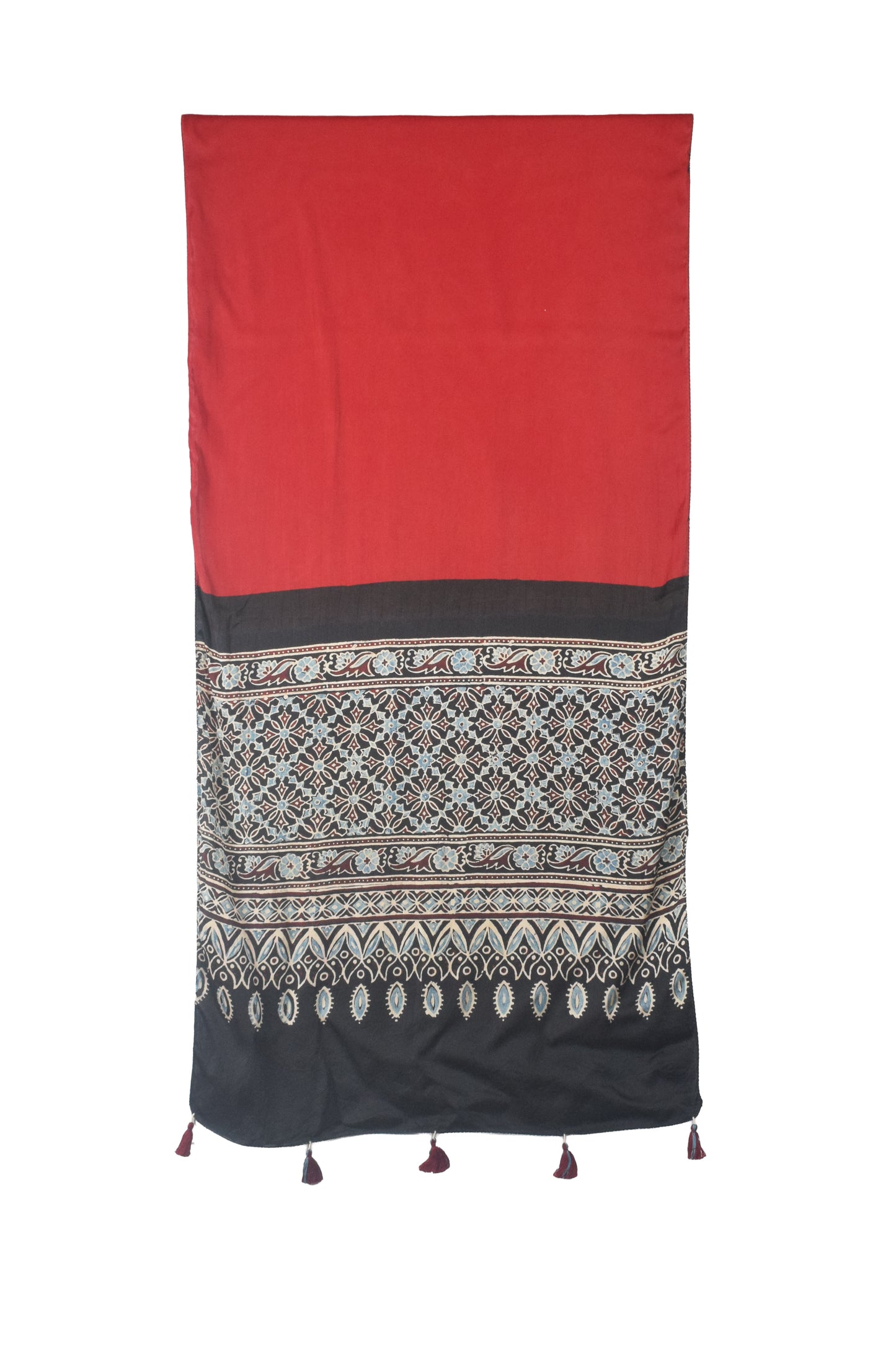 Ajrakh Modal Silk Part Natural Dye Half Plain Dyeing Hand Block Print Stole With Tassels - 2.1 Mtr Length    -  SKU : AI26902Z