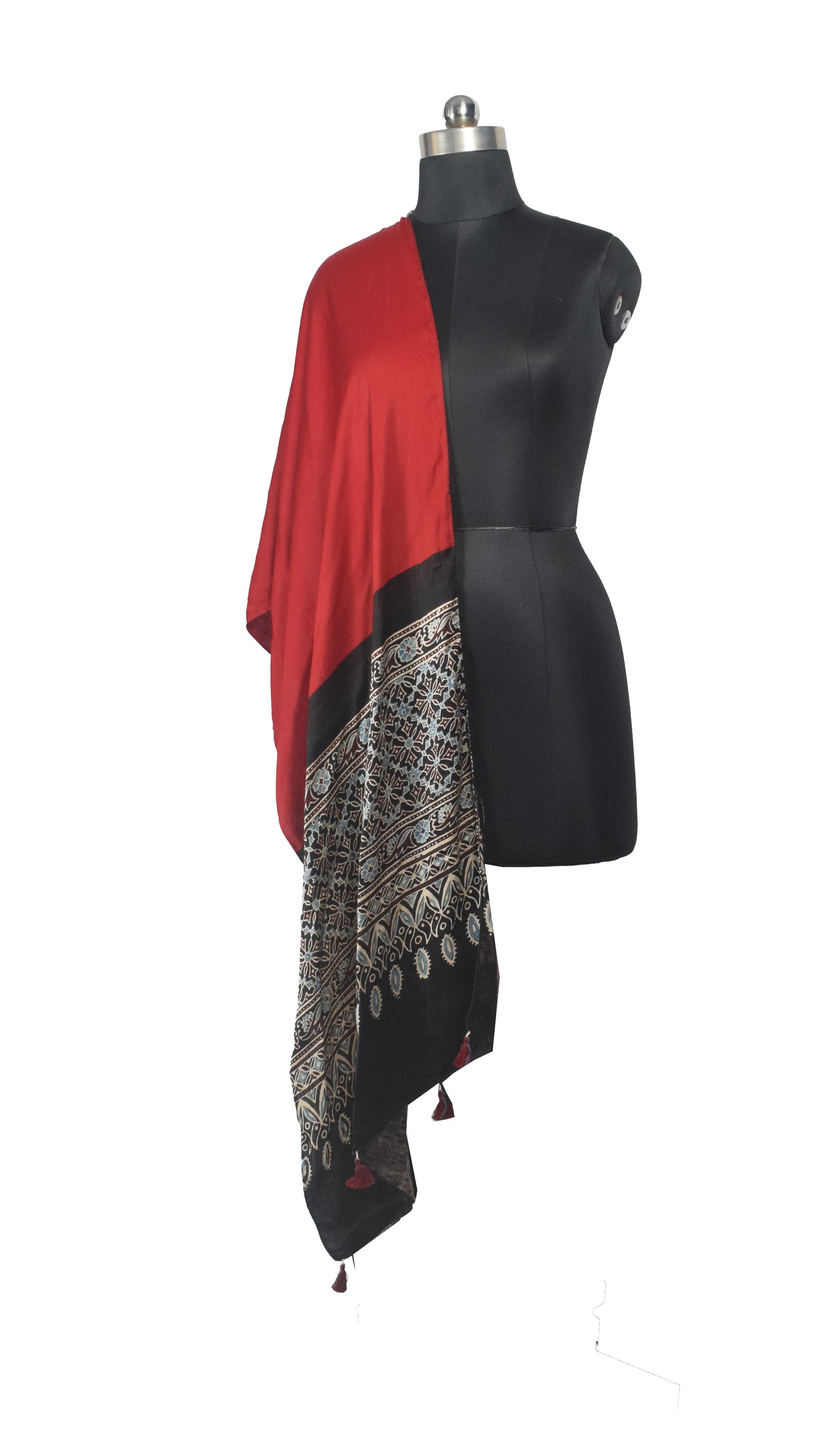 Ajrakh Modal Silk Part Natural Dye Half Plain Dyeing Hand Block Print Stole With Tassels - 2.1 Mtr Length    -  SKU : AI26902Z