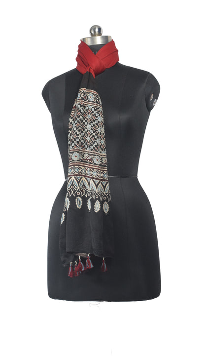 Ajrakh Modal Silk Part Natural Dye Half Plain Dyeing Hand Block Print Stole With Tassels - 2.1 Mtr Length    -  SKU : AI26902Z