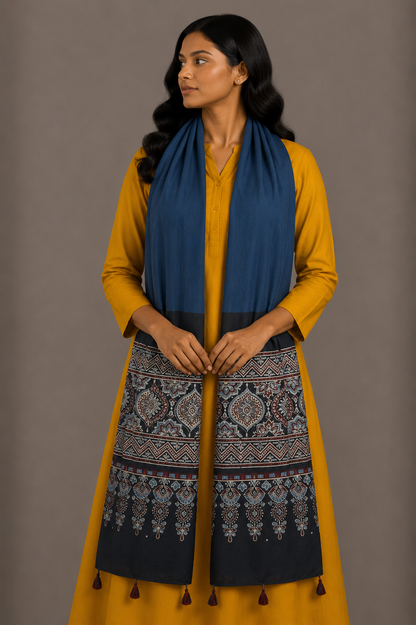 Ajrakh Modal Silk Part Natural Dye Half Plain Dyeing Hand Block Print Stole With Tassels - 2.1 Mtr Length    -  SKU : AI26902N