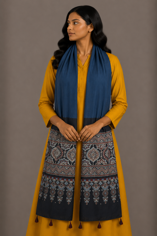 Ajrakh Modal Silk Part Natural Dye Half Plain Dyeing Hand Block Print Stole With Tassels - 2.1 Mtr Length    -  SKU : AI26902N