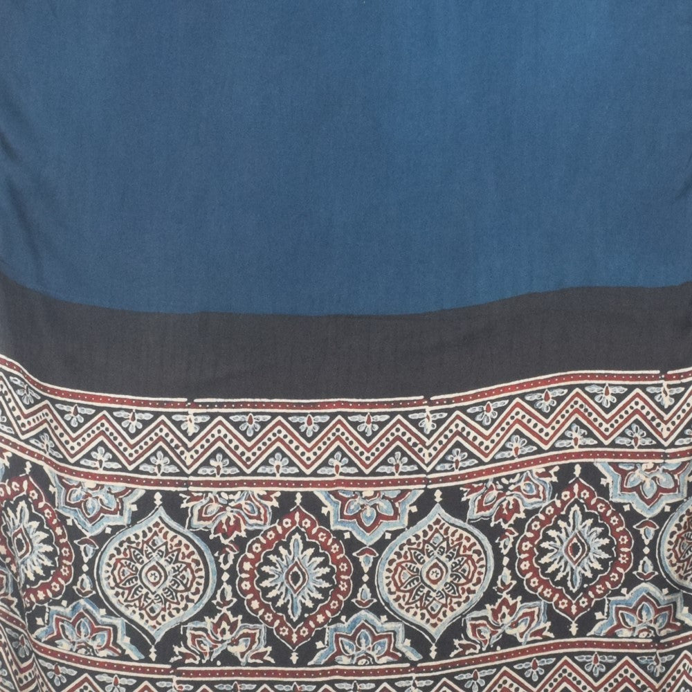 Ajrakh Modal Silk Part Natural Dye Half Plain Dyeing Hand Block Print Stole With Tassels - 2.1 Mtr Length    -  SKU : AI26902N