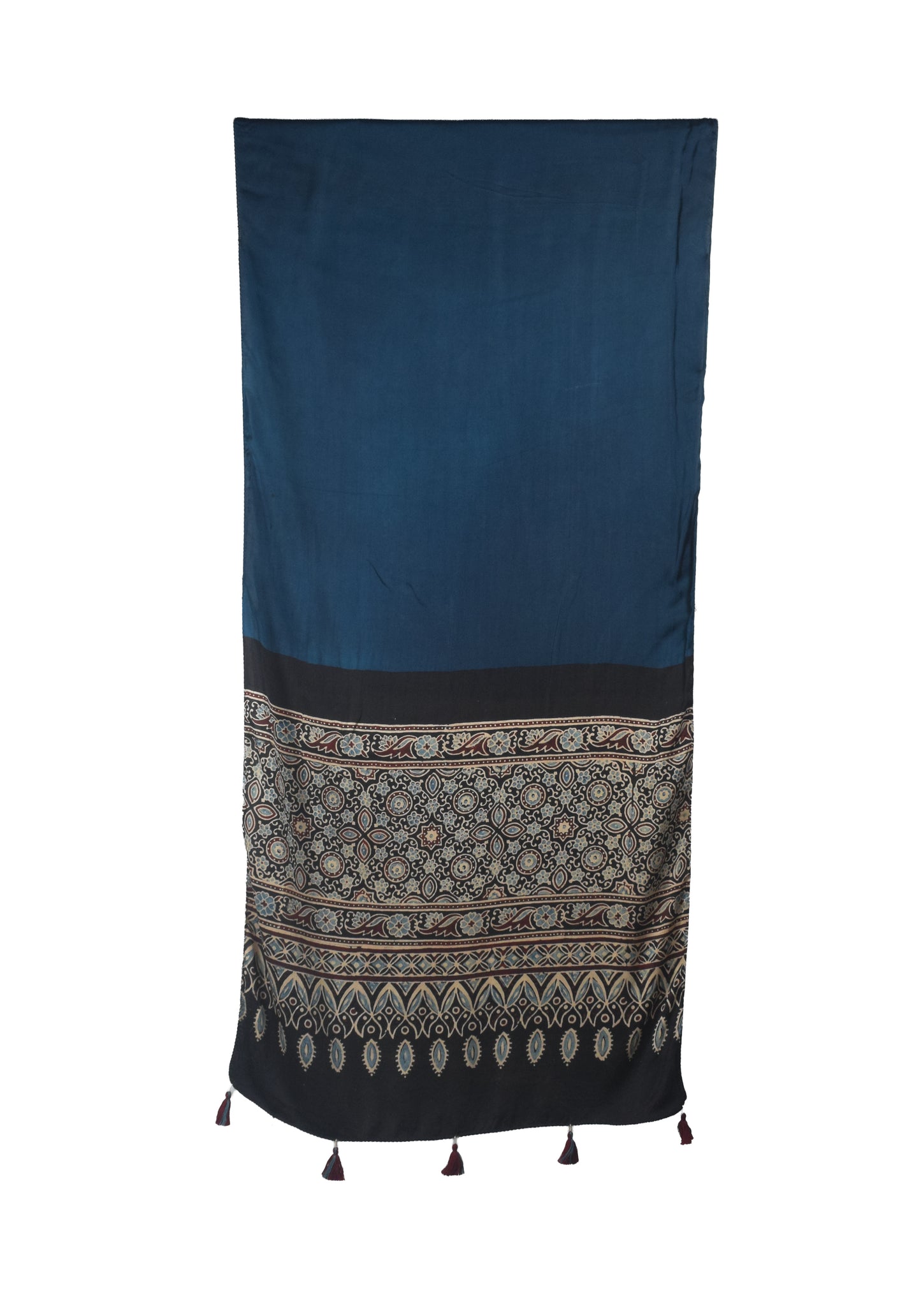 Ajrakh Modal Silk Part Natural Dye Half Plain Dyeing Hand Block Print Stole With Tassels - 2.1 Mtr Length    -  SKU : AI26902O