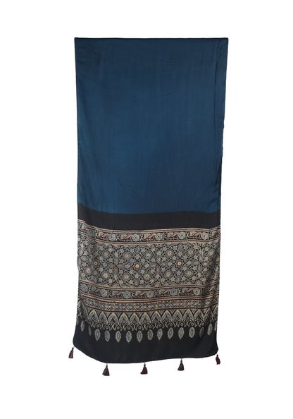 Ajrakh Modal Silk Part Natural Dye Half Plain Dyeing Hand Block Print Stole With Tassels - 2.1 Mtr Length    -  SKU : AI26902O