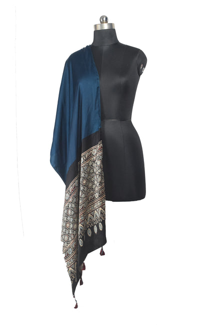 Ajrakh Modal Silk Part Natural Dye Half Plain Dyeing Hand Block Print Stole With Tassels - 2.1 Mtr Length    -  SKU : AI26902O