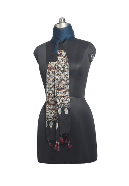 Ajrakh Modal Silk Part Natural Dye Half Plain Dyeing Hand Block Print Stole With Tassels - 2.1 Mtr Length    -  SKU : AI26902O