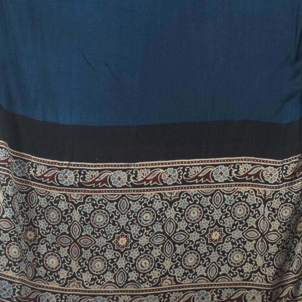 Ajrakh Modal Silk Part Natural Dye Half Plain Dyeing Hand Block Print Stole With Tassels - 2.1 Mtr Length    -  SKU : AI26902O