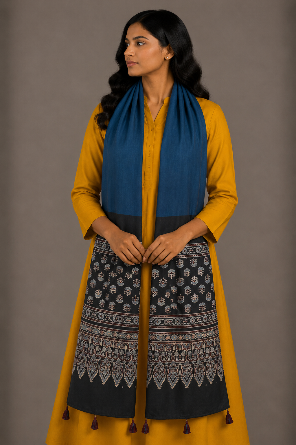 Ajrakh Modal Silk Part Natural Dye Half Plain Dyeing Hand Block Print Stole With Tassels - 2.1 Mtr Length    -  SKU : AI26902P