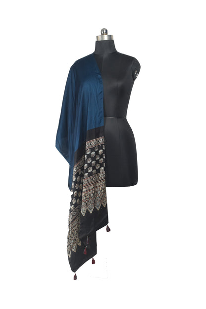 Ajrakh Modal Silk Part Natural Dye Half Plain Dyeing Hand Block Print Stole With Tassels - 2.1 Mtr Length    -  SKU : AI26902P