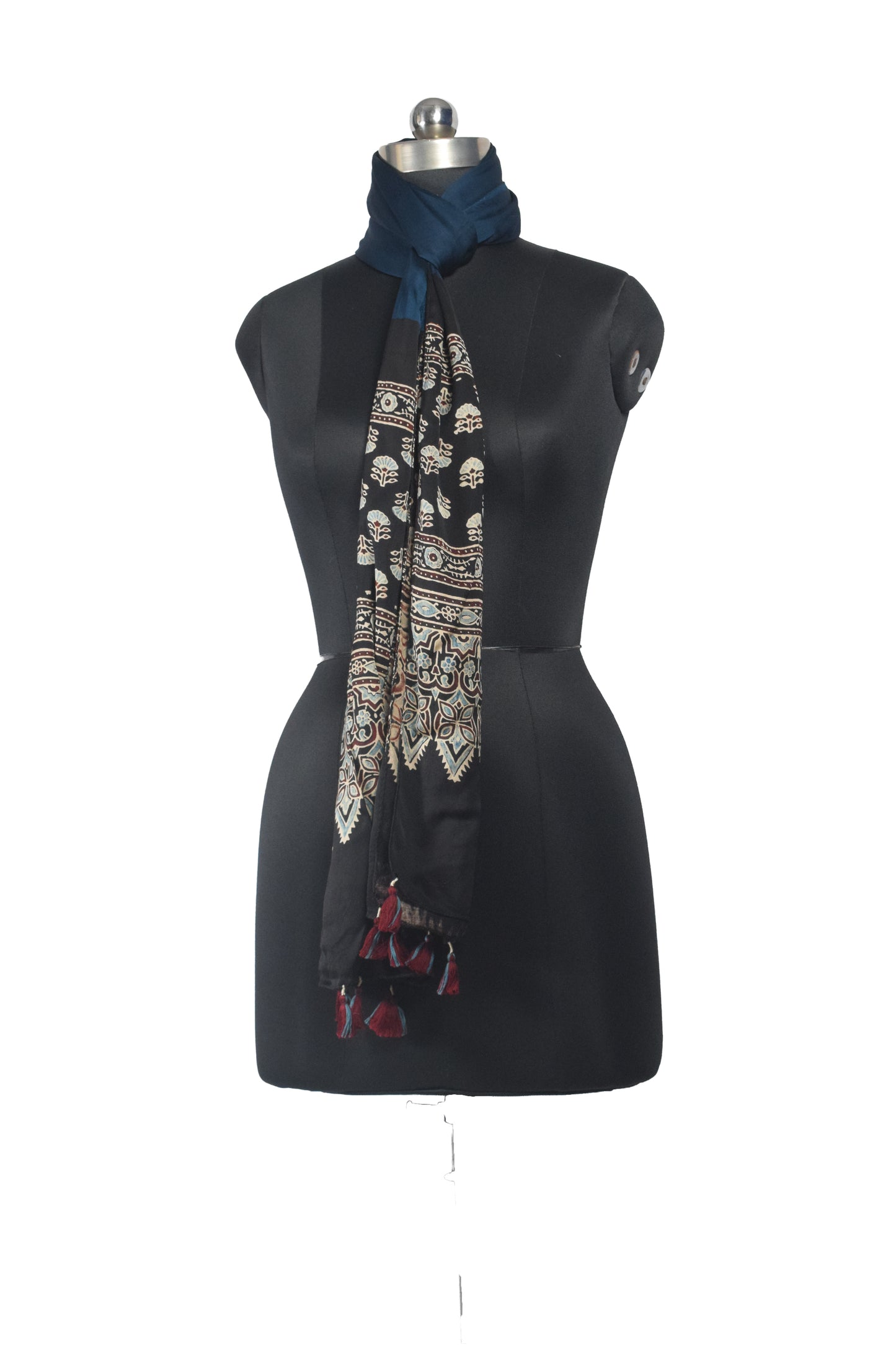 Ajrakh Modal Silk Part Natural Dye Half Plain Dyeing Hand Block Print Stole With Tassels - 2.1 Mtr Length    -  SKU : AI26902P