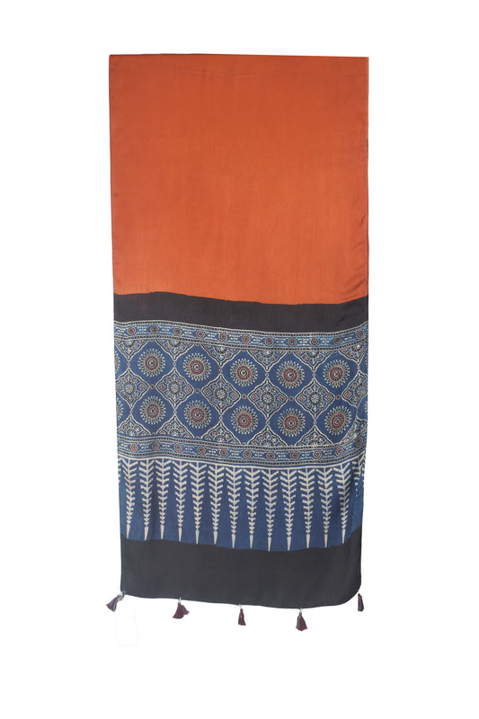 Ajrakh Modal Silk Part Natural Dye Half Plain Dyeing Hand Block Print Stole With Tassels - 2.1 Mtr Length    -  SKU : AI2690BF