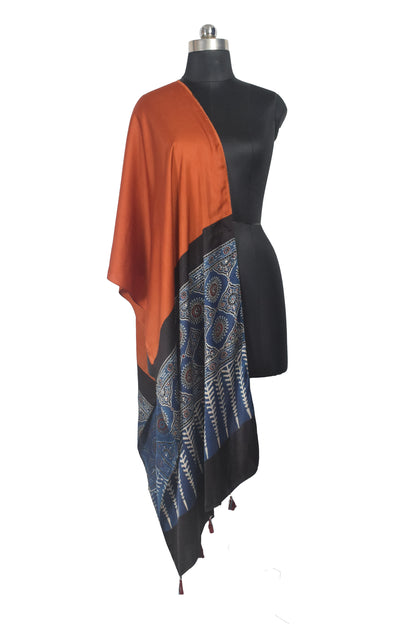 Ajrakh Modal Silk Part Natural Dye Half Plain Dyeing Hand Block Print Stole With Tassels - 2.1 Mtr Length    -  SKU : AI2690BF