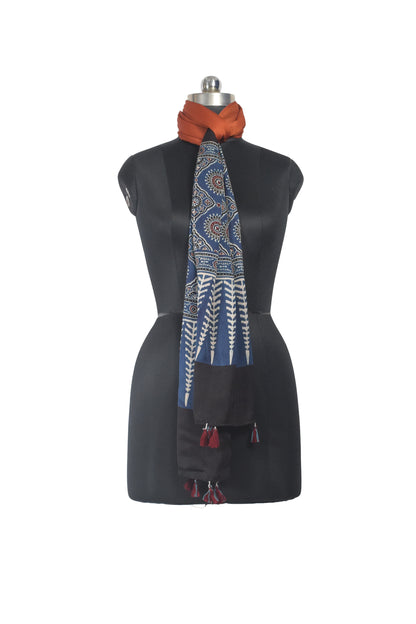 Ajrakh Modal Silk Part Natural Dye Half Plain Dyeing Hand Block Print Stole With Tassels - 2.1 Mtr Length    -  SKU : AI2690BF