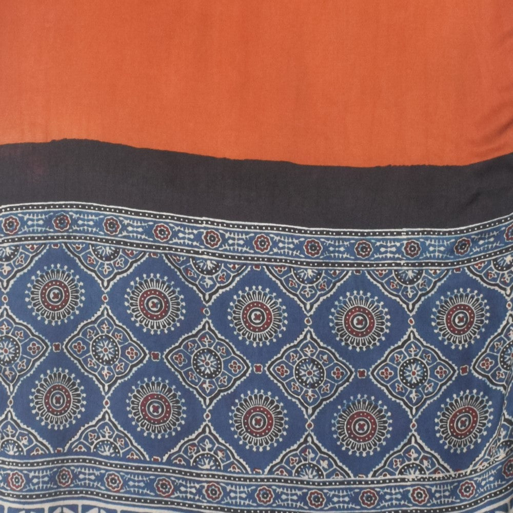 Ajrakh Modal Silk Part Natural Dye Half Plain Dyeing Hand Block Print Stole With Tassels - 2.1 Mtr Length    -  SKU : AI2690BF