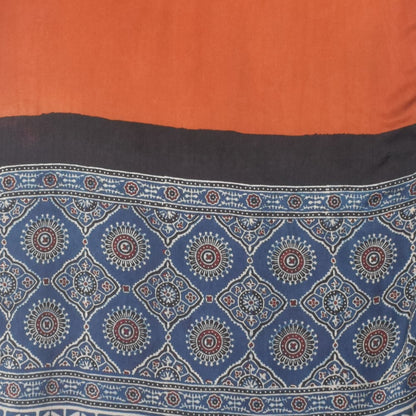 Ajrakh Modal Silk Part Natural Dye Half Plain Dyeing Hand Block Print Stole With Tassels - 2.1 Mtr Length    -  SKU : AI2690BF