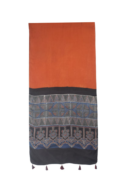 Ajrakh Modal Silk Part Natural Dye Half Plain Dyeing Hand Block Print Stole With Tassels - 2.1 Mtr Length    -  SKU : AI2690BG
